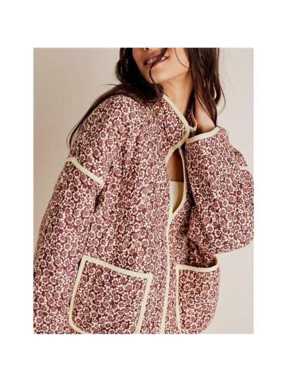 Women's Floral Quilted Puffer Jacket Stand Collar Cropped - Picture 2 of 6